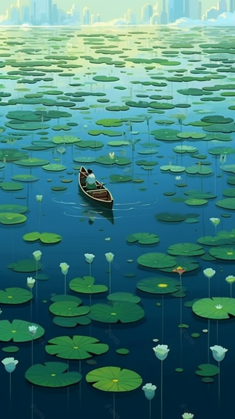 河流漂浮荷叶和小船手绘插画背景图,插画/手绘图,插画/手绘图库,插画/手绘图下载,插画/手绘